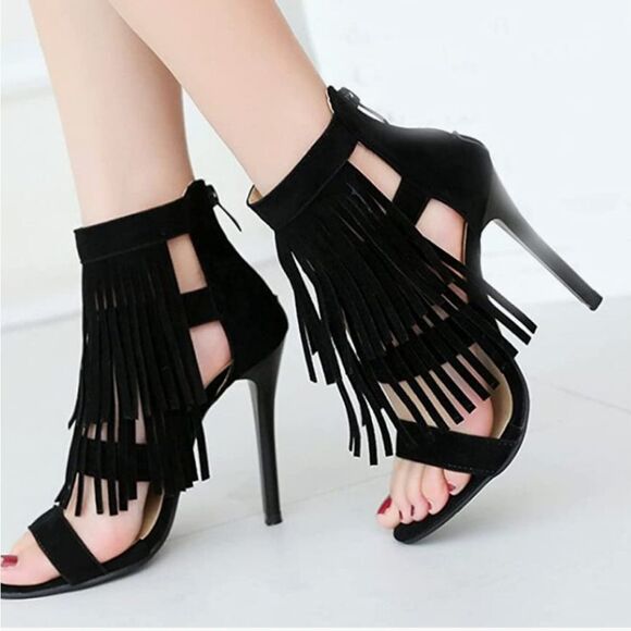 Candie's Black Suede Fringed Heeled Sandals - Picture 1 of 8